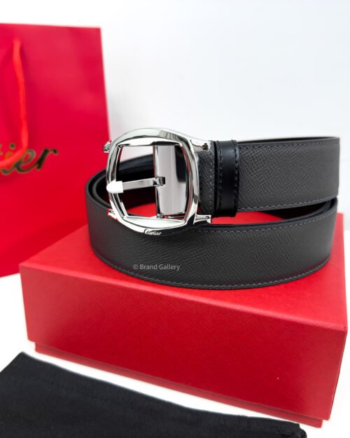 Cartier Silver Dive Buckle Grey/Black 35mm Leather Belt