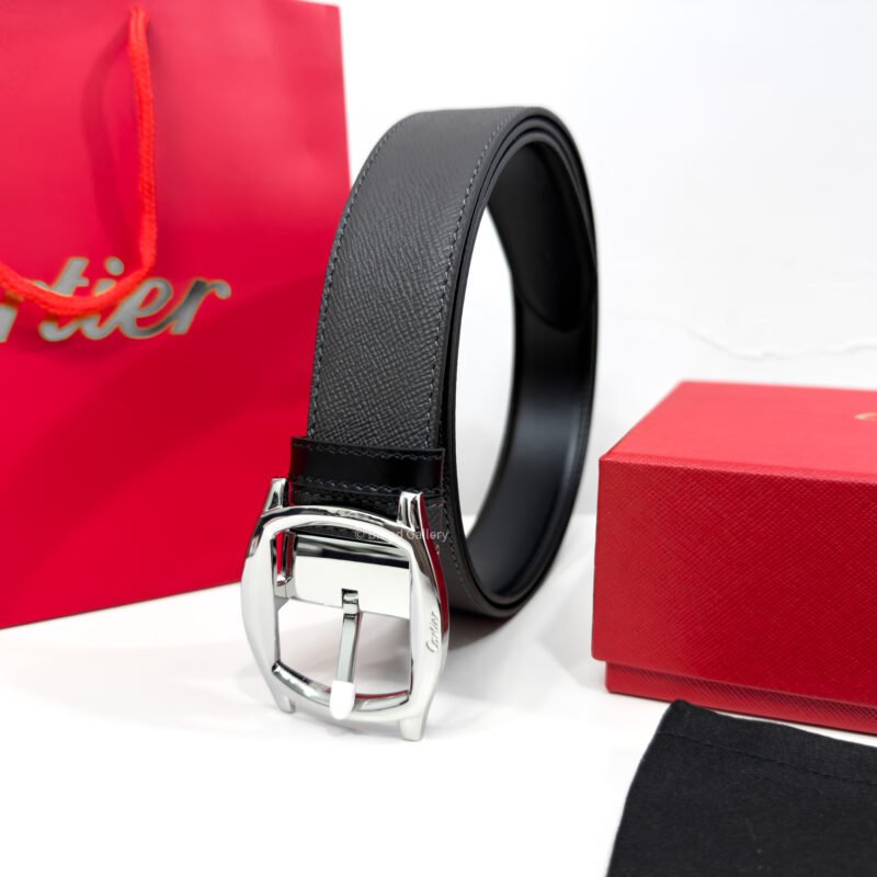 Cartier Silver Dive Buckle Grey/Black 35mm Leather Belt