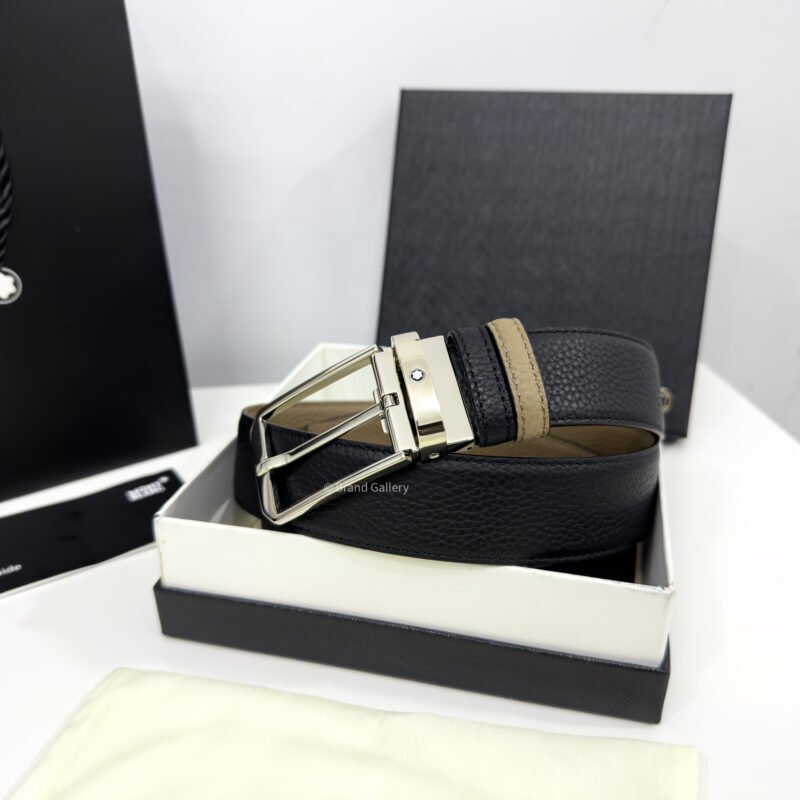 Montblanc Silver Buckle Black/Beige 35MM Reversible Belt