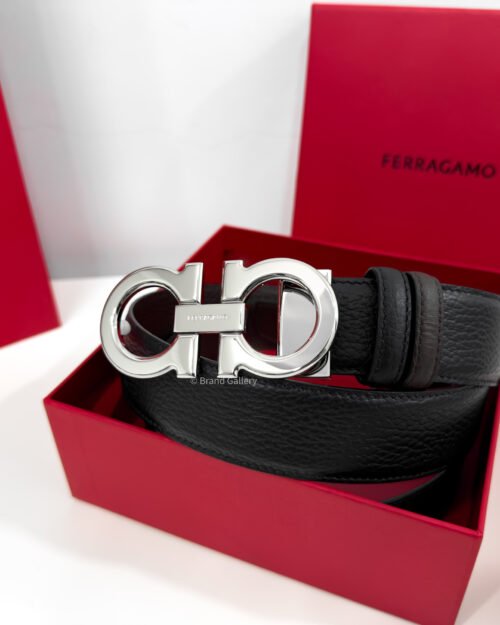 Ferragamo Gancini Black/Brown Grained Reversible Leather Belt