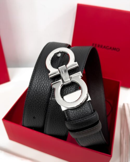 Ferragamo Gancini Black/Brown Grained Leather Belt