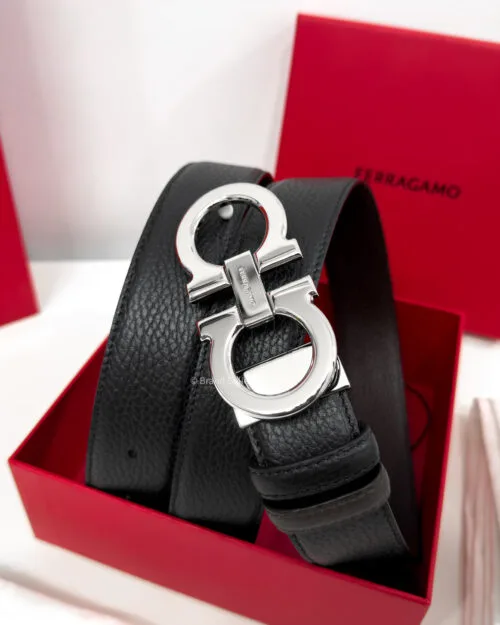 Ferragamo Gancini Black/Brown Grained Leather Belt