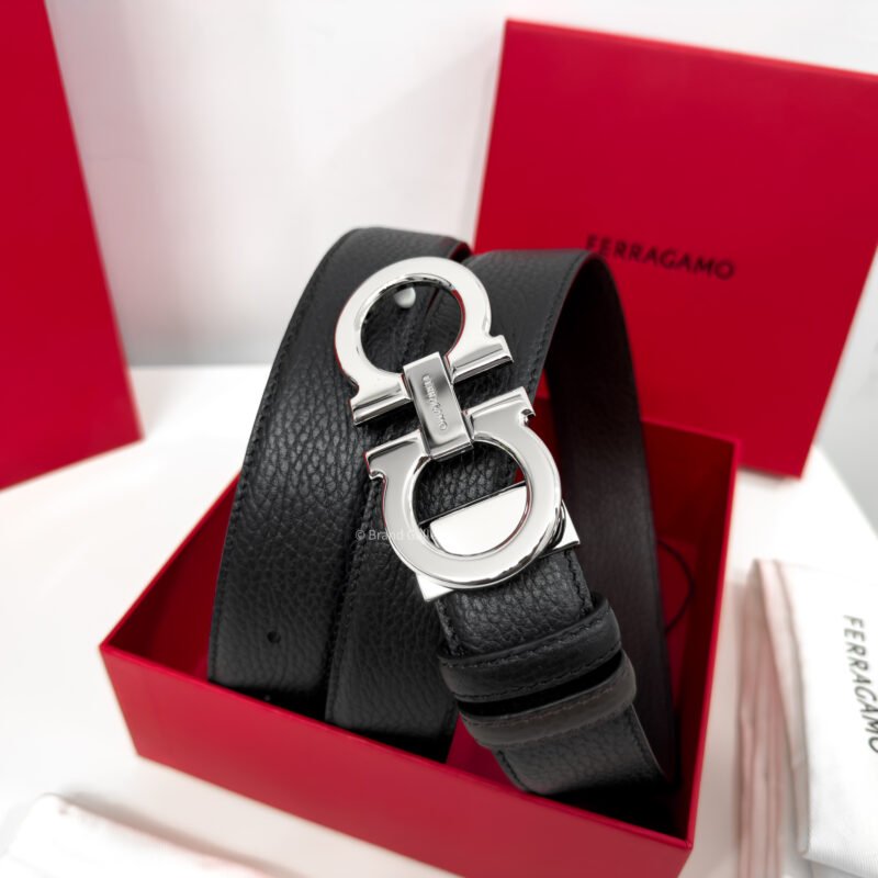 Ferragamo Gancini Black/Brown Grained Leather Belt
