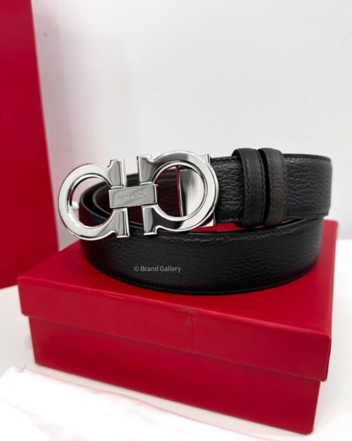 Ferragamo Gancini Black/Brown Grained Reversible Leather Belt