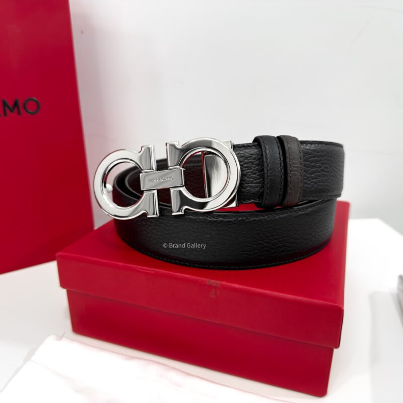 Ferragamo Gancini Black/Brown Grained Reversible Leather Belt