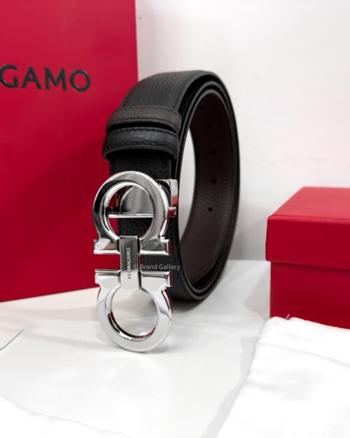 Ferragamo Gancini Black/Brown Grained Reversible Leather Belt