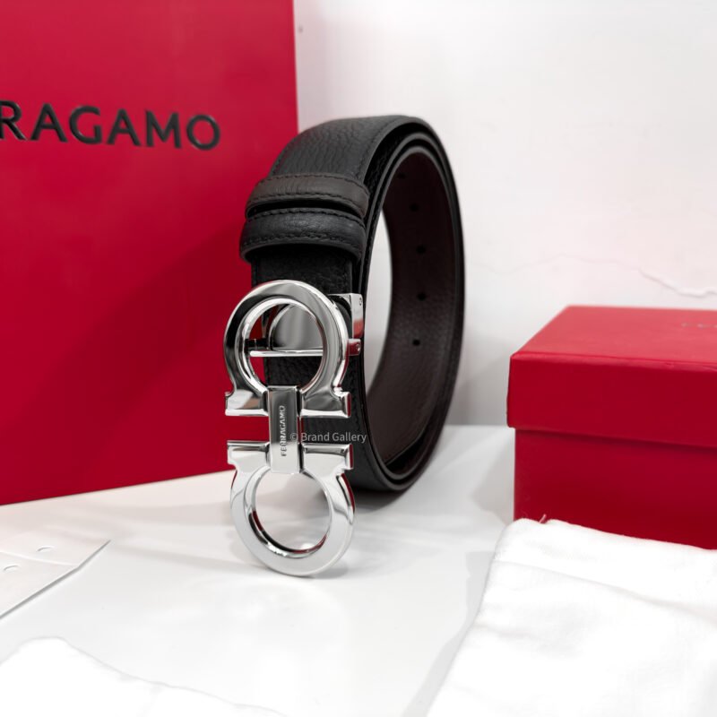 Ferragamo Gancini Black/Brown Grained Reversible Leather Belt
