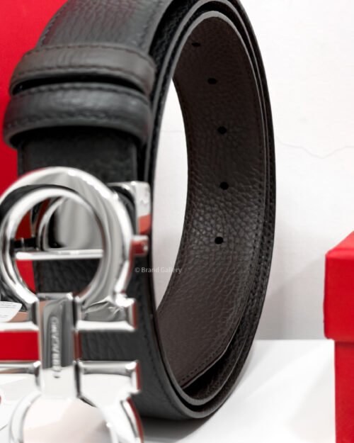 Ferragamo Gancini Black/Brown Grained Reversible Leather Belt