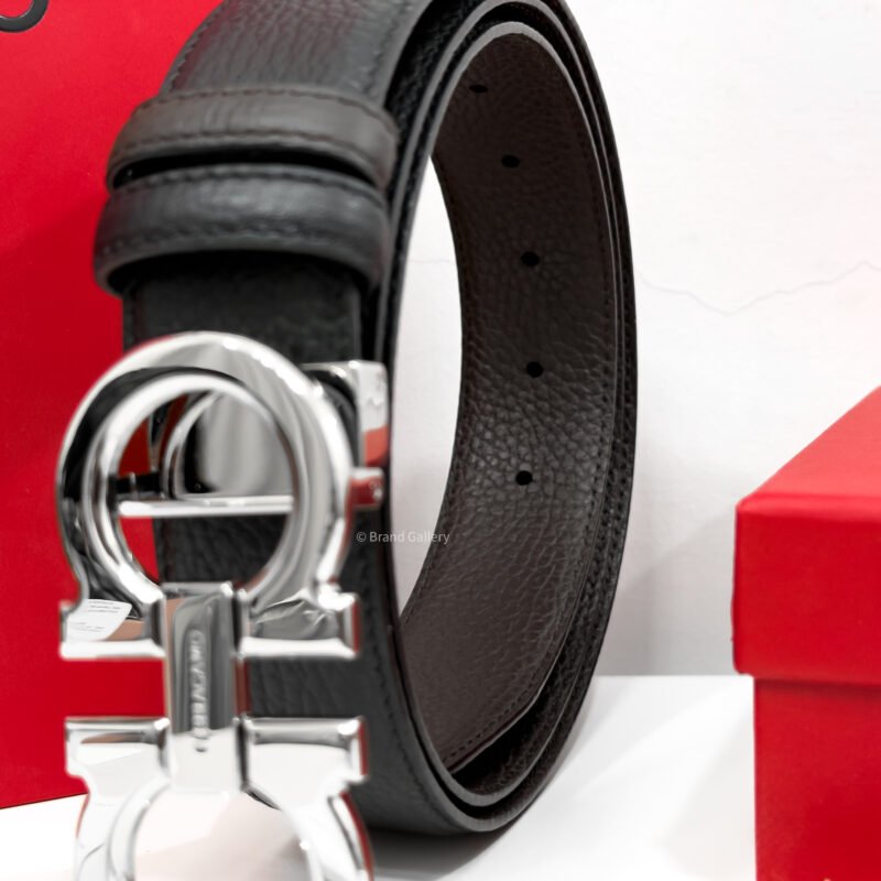 Ferragamo Gancini Black/Brown Grained Reversible Leather Belt
