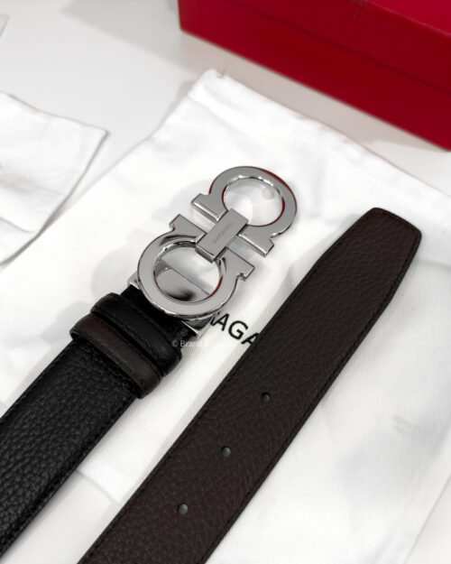Ferragamo Gancini Black/Brown Grained Reversible Leather Belt