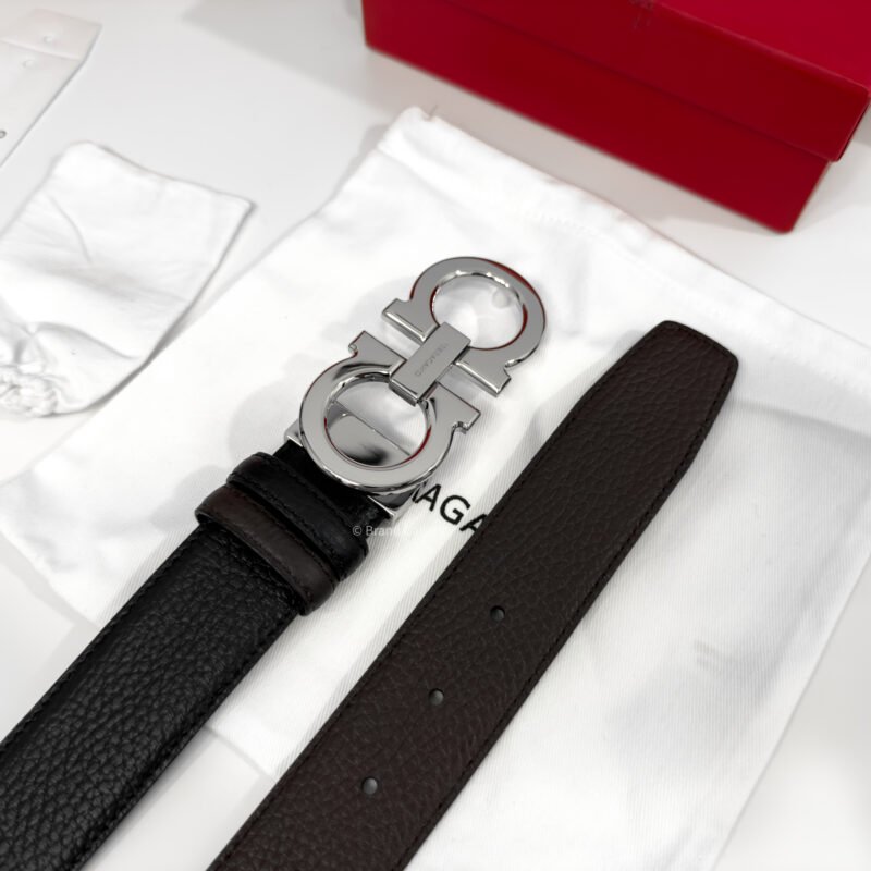 Ferragamo Gancini Black/Brown Grained Reversible Leather Belt