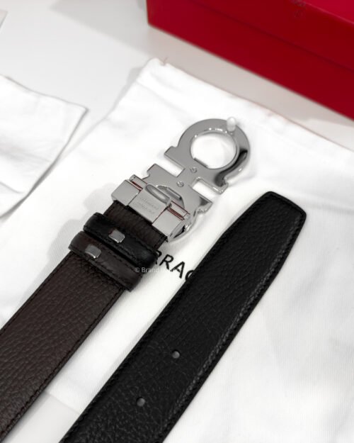 Ferragamo Gancini Black/Brown Grained Reversible Leather Belt