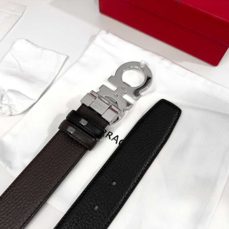 Ferragamo Gancini Black/Brown Grained Reversible Leather Belt