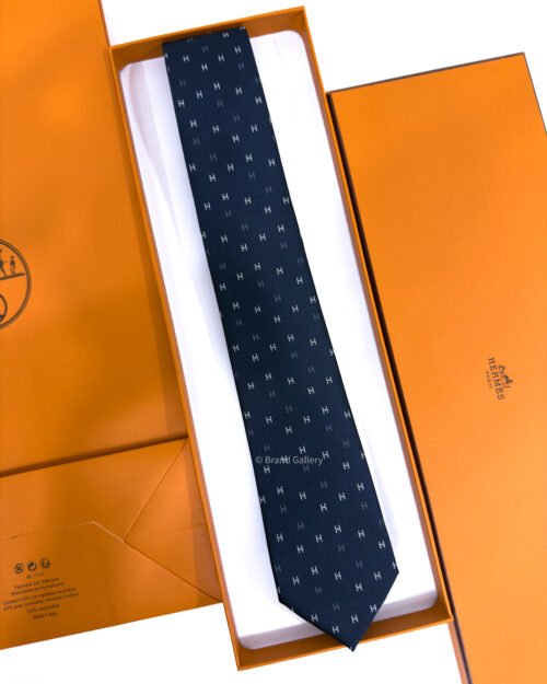 Hermes Navy Blue H Scintillant Silk Tie