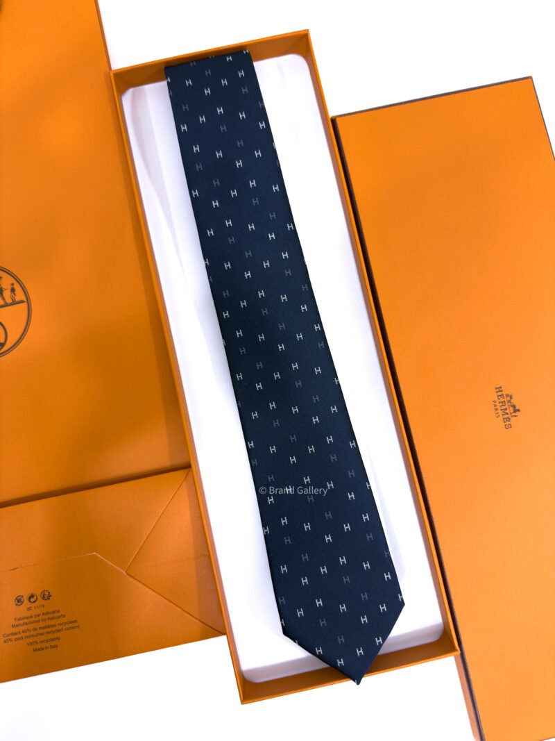 Hermes Navy Blue H Scintillant Silk Tie