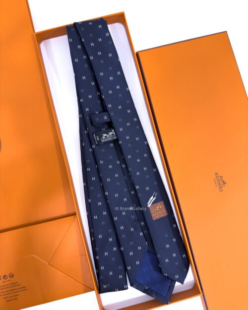 Hermes Navy Blue H Scintillant Silk Tie