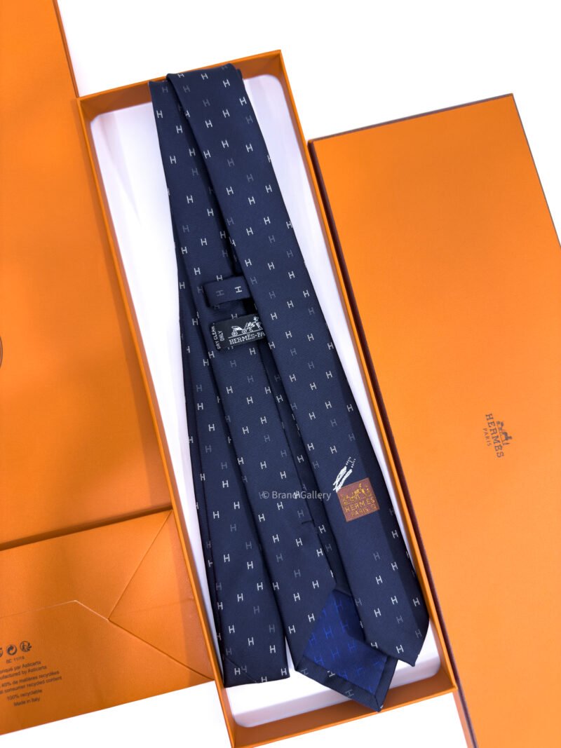 Hermes Navy Blue H Scintillant Silk Tie