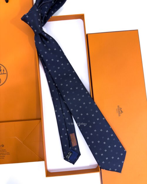 Hermes Navy Blue H Scintillant Silk Tie