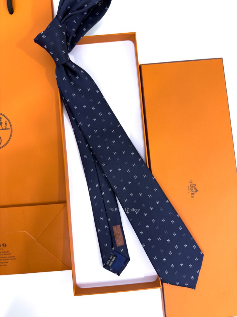 Hermes Navy Blue H Scintillant Silk Tie