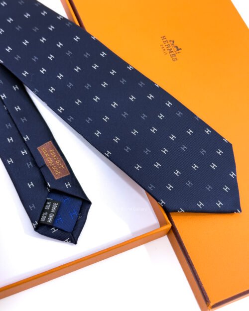 Hermes Navy Blue H Scintillant Silk Tie