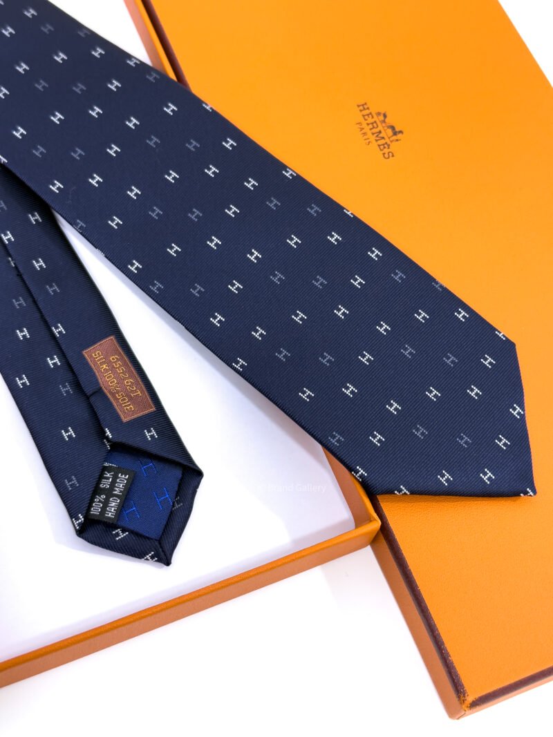 Hermes Navy Blue H Scintillant Silk Tie