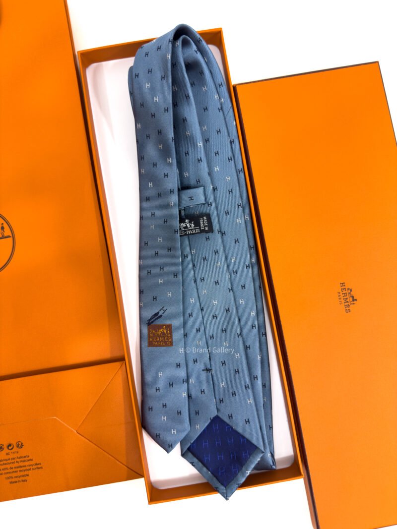 Hermes Steel Blue H Scintillant Silk Tie