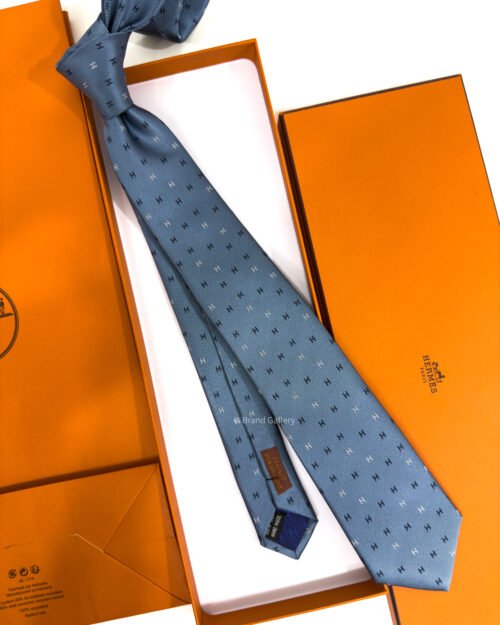 Hermes Steel Blue H Scintillant Silk Tie