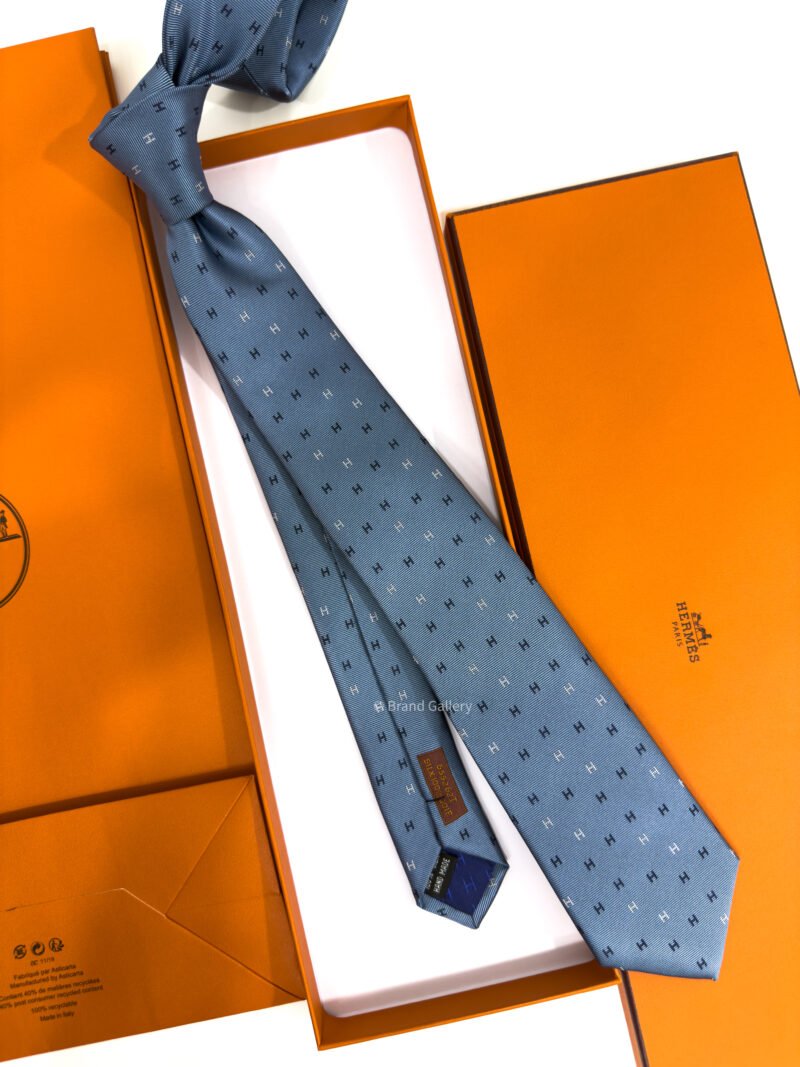 Hermes Steel Blue H Scintillant Silk Tie