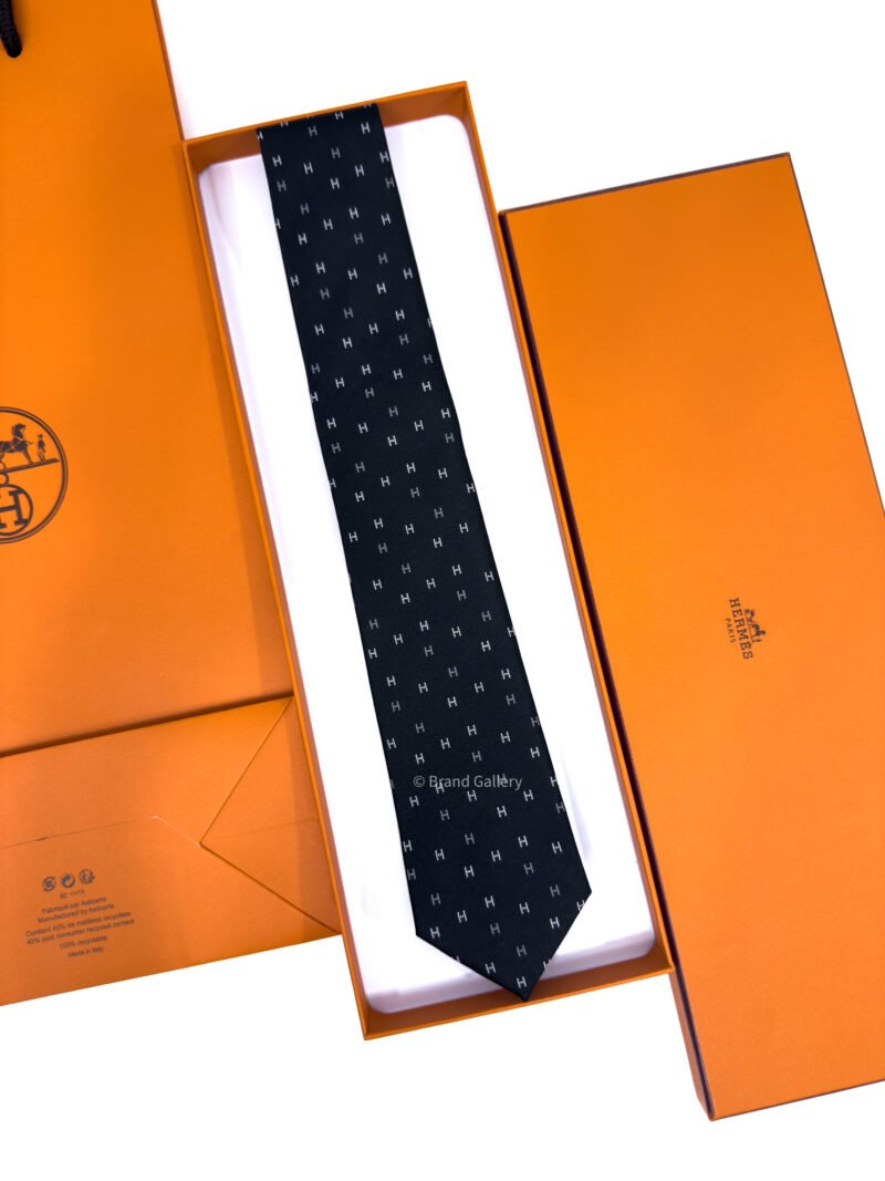 Hermes Black H Scintillant Silk Tie