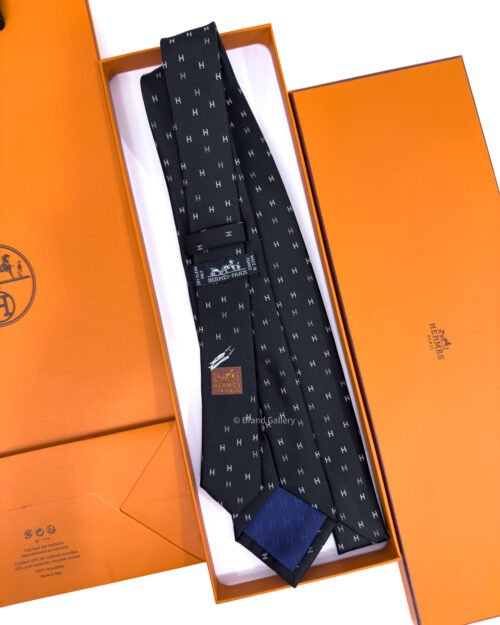 Hermes Black H Scintillant Silk Tie