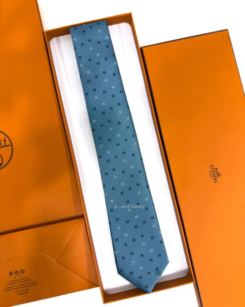 Hermes Steel Blue H Scintillant Silk Tie