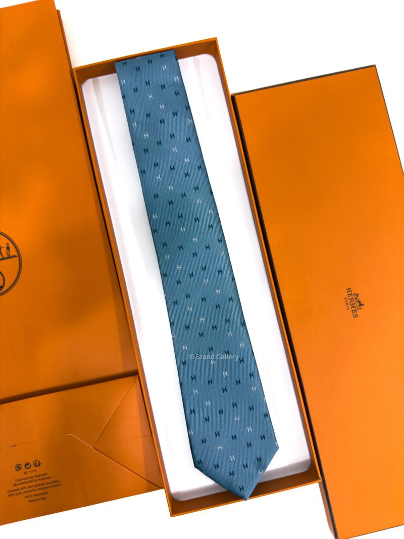 Hermes Steel Blue H Scintillant Silk Tie
