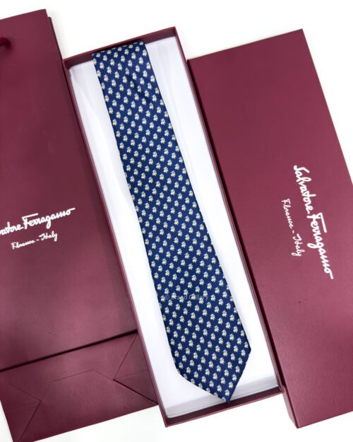 Ferragamo Navy Blue Bulldog Print Soft SILK TIE
