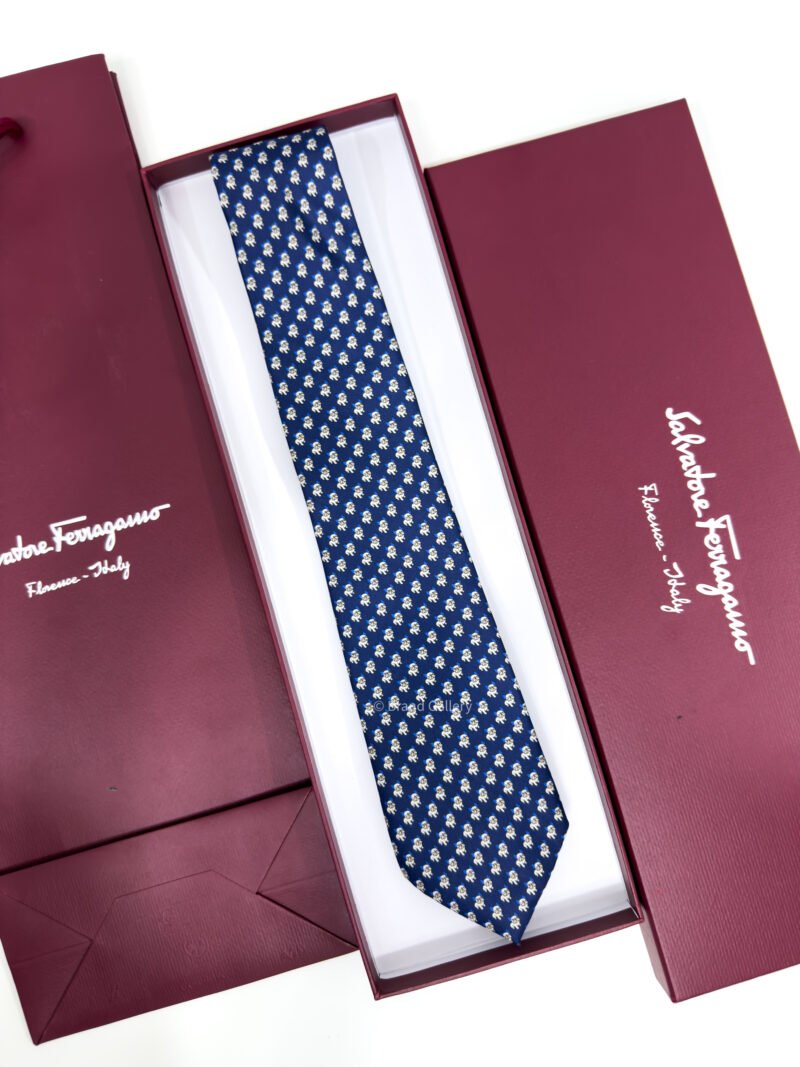Ferragamo Navy Blue Bulldog Print Soft SILK TIE