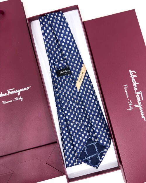 Ferragamo Navy Blue Bulldog Print Soft SILK TIE
