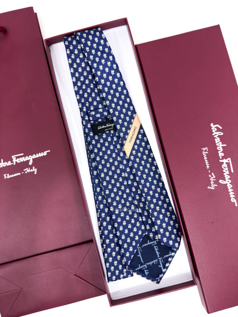 Ferragamo Navy Blue Bulldog Print Soft SILK TIE
