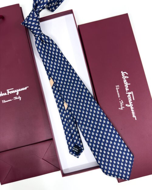 Ferragamo Navy Blue Bulldog Print Soft SILK TIE