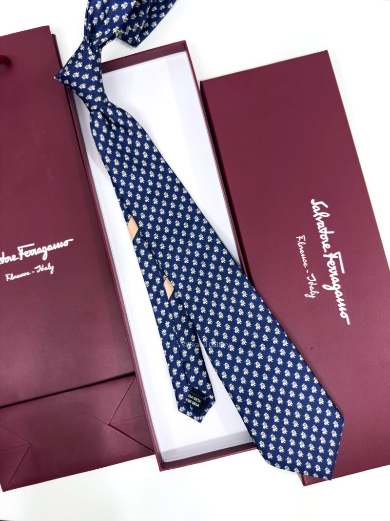Ferragamo Navy Blue Bulldog Print Soft SILK TIE
