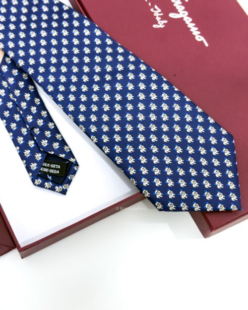 Ferragamo Navy Blue Bulldog Print Soft SILK TIE