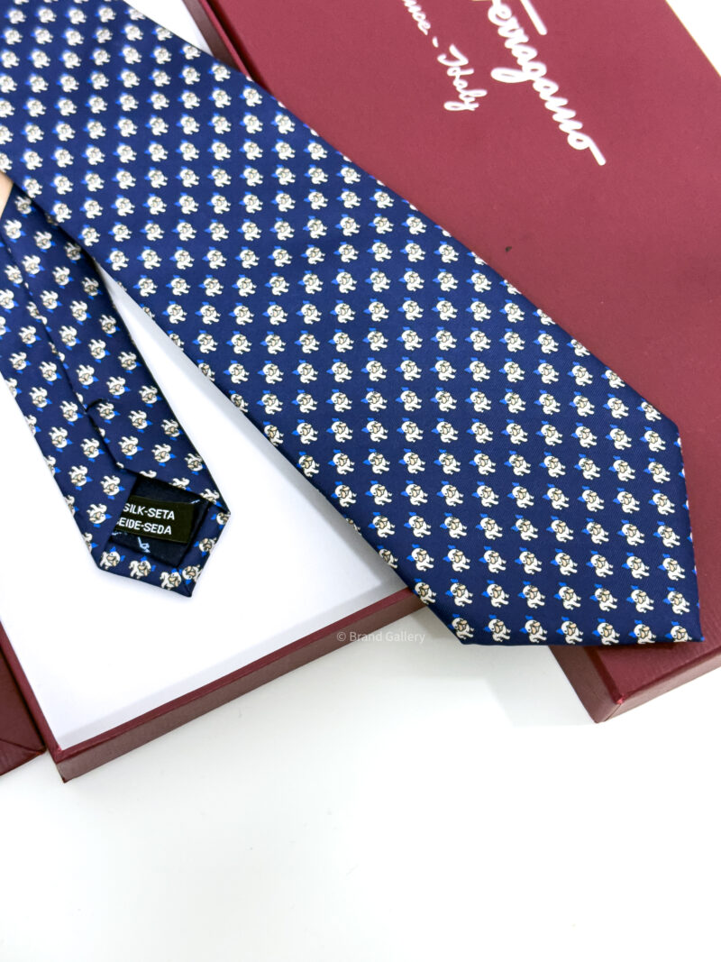 Ferragamo Navy Blue Bulldog Print Soft SILK TIE