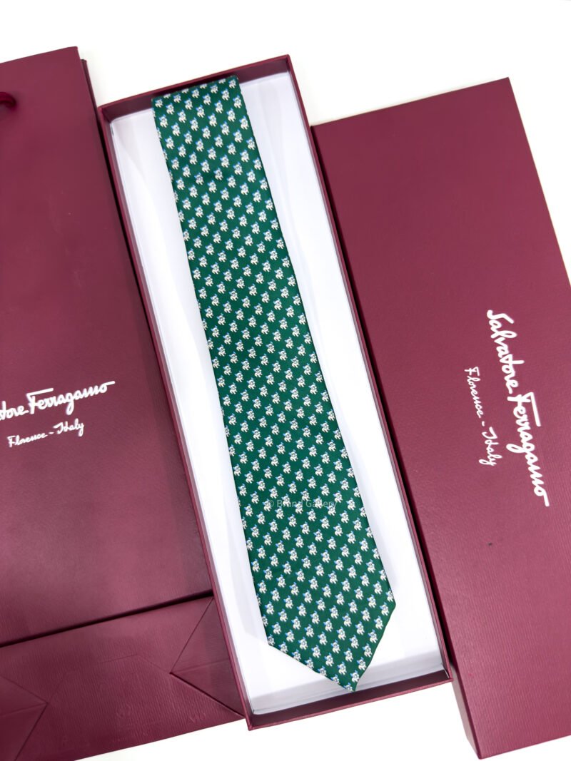 Ferragamo Green Bulldog Print Soft SILK TIE