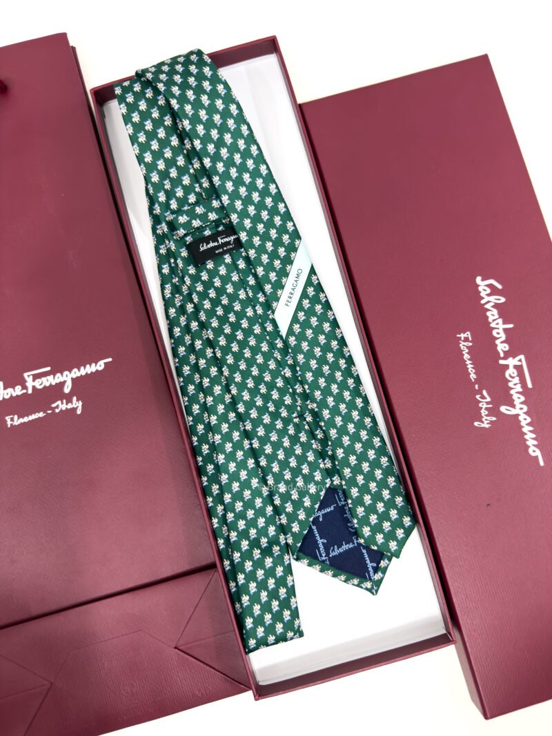 Ferragamo Green Bulldog Print Soft SILK TIE