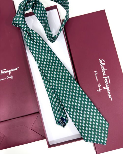 Ferragamo Green Bulldog Print Soft SILK TIE