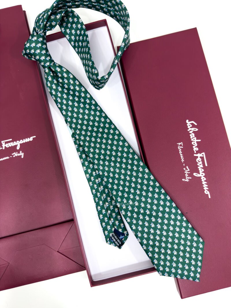 Ferragamo Green Bulldog Print Soft SILK TIE