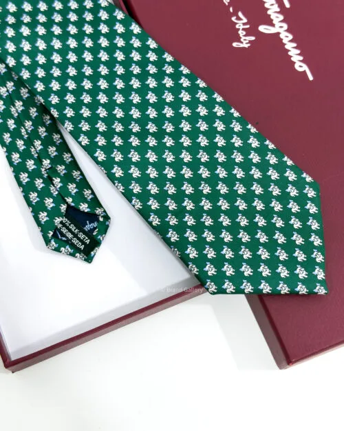 Ferragamo Green Bulldog Print Soft SILK TIE
