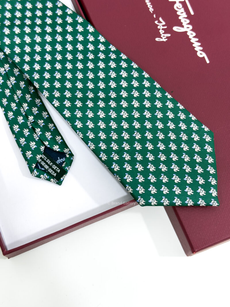 Ferragamo Green Bulldog Print Soft SILK TIE