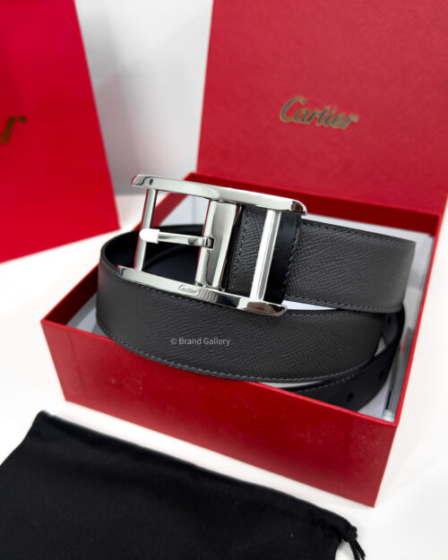Cartier Silver Tank Buckle Grey/Black 35mm Leather Belt