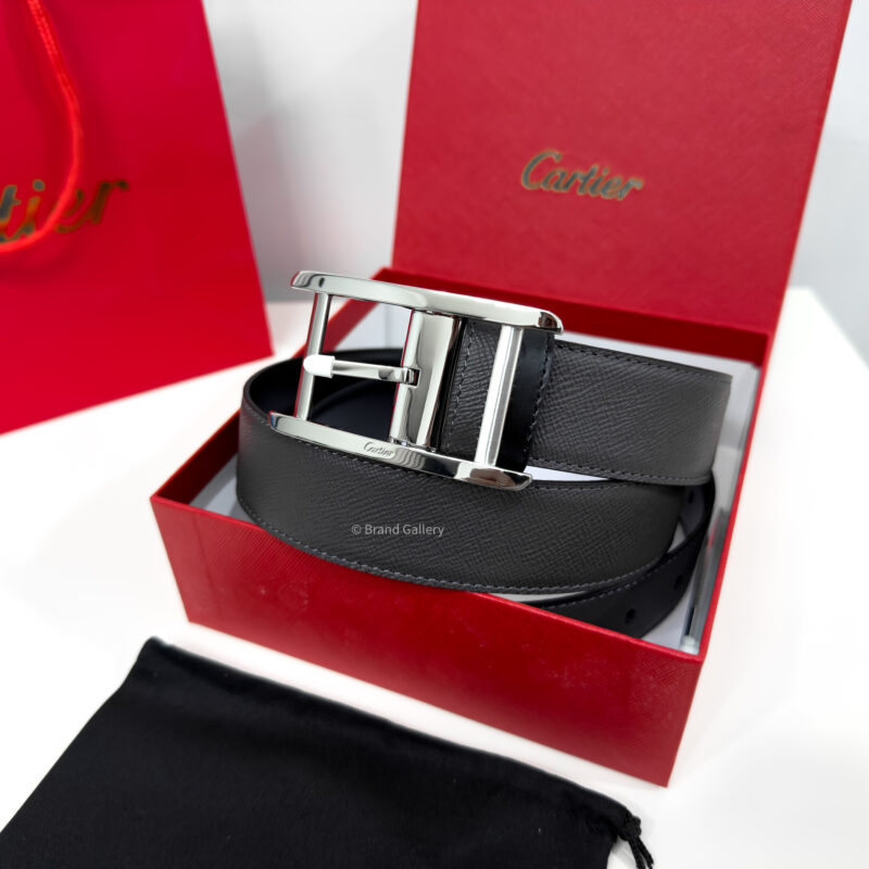 Cartier Silver Tank Buckle Grey/Black 35mm Leather Belt