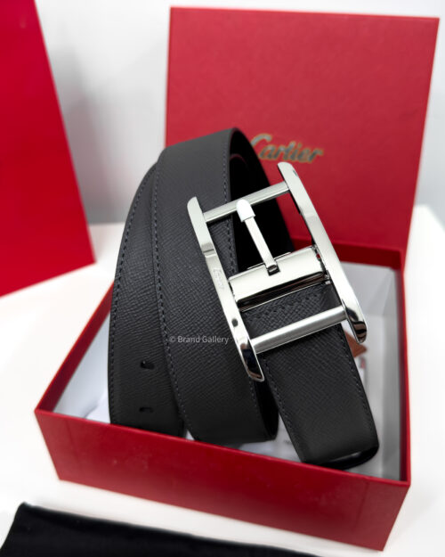 Cartier Silver Tank Buckle Grey/Black 35mm Leather Belt