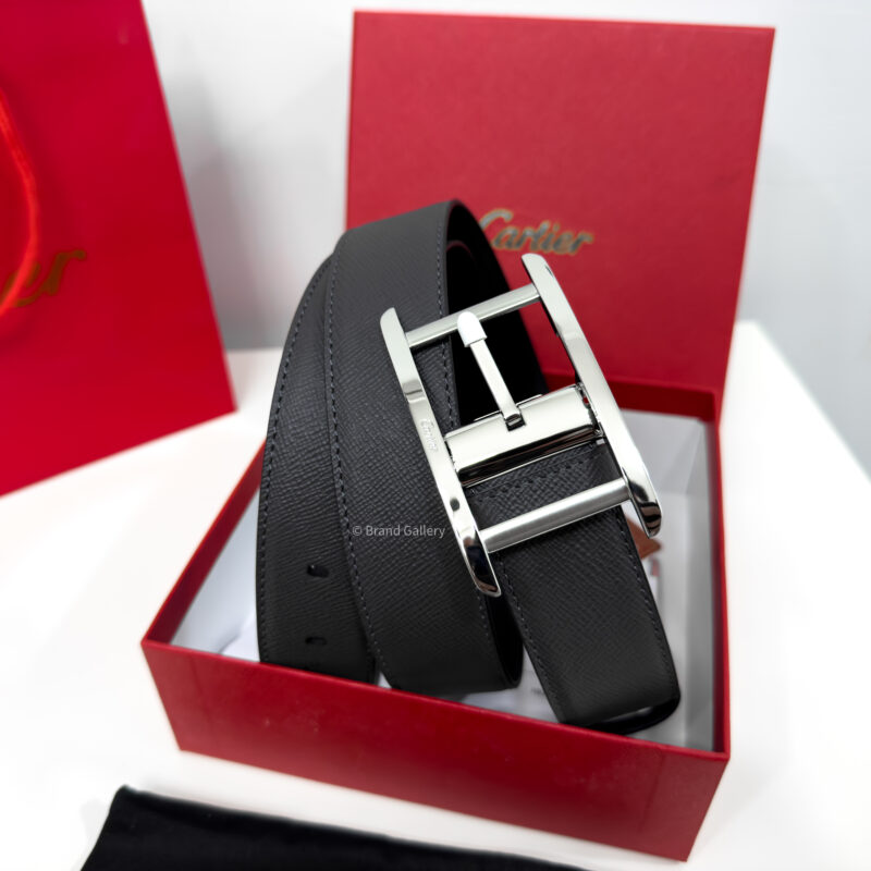 Cartier Silver Tank Buckle Grey/Black 35mm Leather Belt